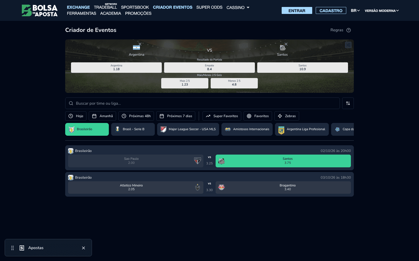A match that will never happen: Argentina v Santos, priced live at 1.18 / 8.4 / 10.9 with over/under 2.5