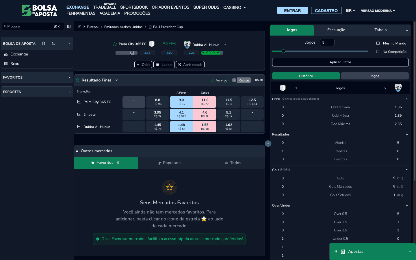 In-play market with the head-to-head statistics panel